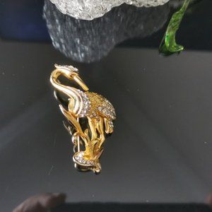 Vintage Gold Tone Crane Brooch with Clear Rhinestone